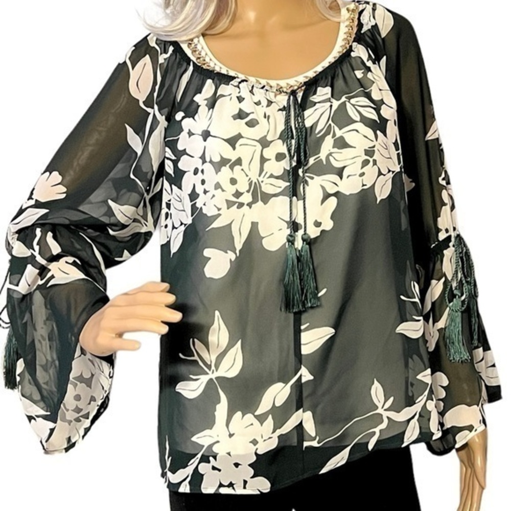 New York & Company Eva Mendes Green White Floral Blouse NWT